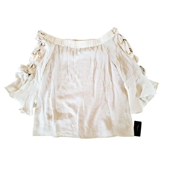 Thalia Soda 3/4 Sleeve Top Blouse Size L Iff Shoulder Lattice Sleeve Lined NWT - Picture 3 of 8